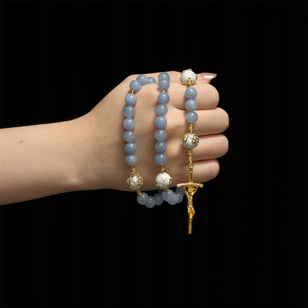 Christianartworkshop Aquamarine & White Howlite Rosary: Golden Filigree Details with St. Benedict for Serene Faith - image 1