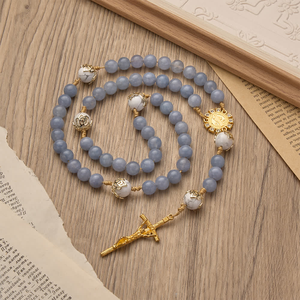 Christianartworkshop Aquamarine & White Howlite Rosary: Golden Filigree Details with St. Benedict for Serene Faith - image 4