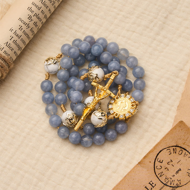 Christianartworkshop Aquamarine & White Howlite Rosary: Golden Filigree Details with St. Benedict for Serene Faith - image 3