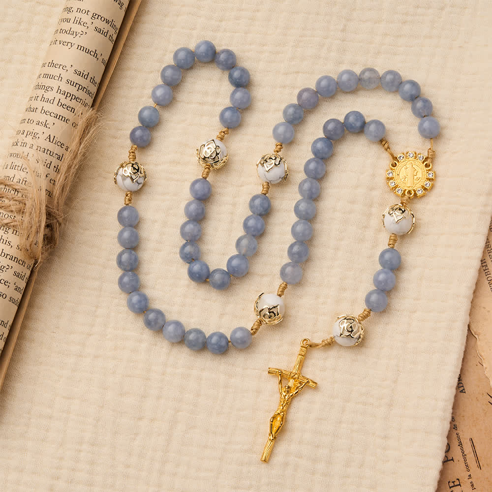 Christianartworkshop Aquamarine & White Howlite Rosary: Golden Filigree Details with St. Benedict for Serene Faith - St. Benedict & Crucifix - image 0