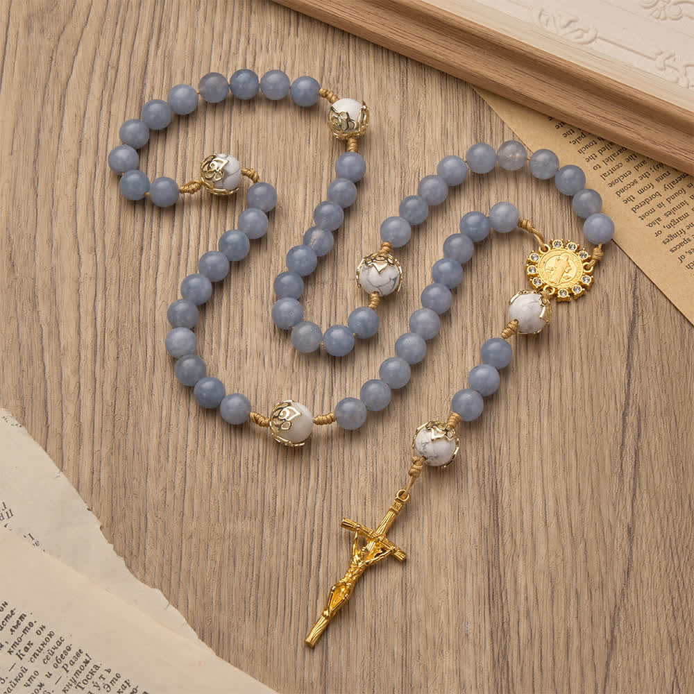 Christianartworkshop Aquamarine & White Howlite Rosary: Golden Filigree Details with St. Benedict for Serene Faith - image 5