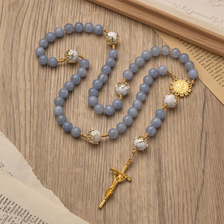 Christianartworkshop Aquamarine & White Howlite Rosary: Golden Filigree Details with St. Benedict for Serene Faith - image 5