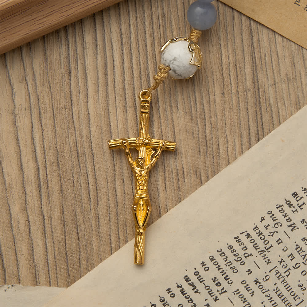 Christianartworkshop Aquamarine & White Howlite Rosary: Golden Filigree Details with St. Benedict for Serene Faith - image 7