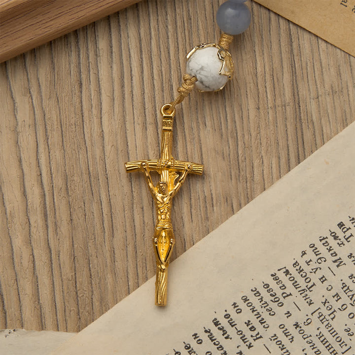 Christianartworkshop Aquamarine & White Howlite Rosary: Golden Filigree Details with St. Benedict for Serene Faith - image 7