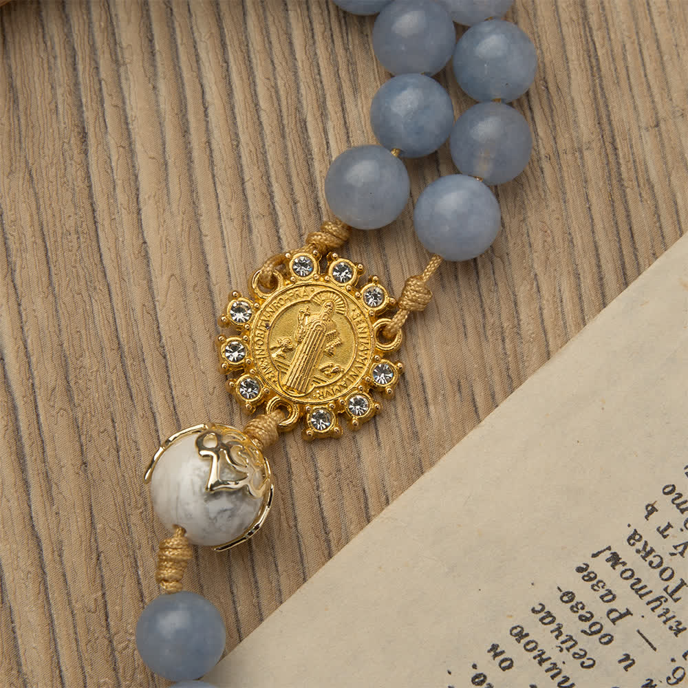 Christianartworkshop Aquamarine & White Howlite Rosary: Golden Filigree Details with St. Benedict for Serene Faith - image 8