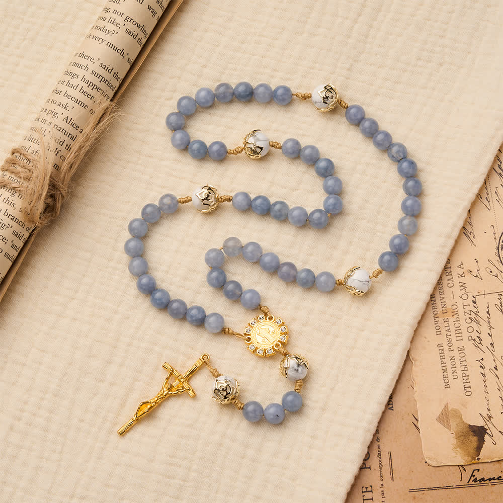 Christianartworkshop Aquamarine & White Howlite Rosary: Golden Filigree Details with St. Benedict for Serene Faith - image 2