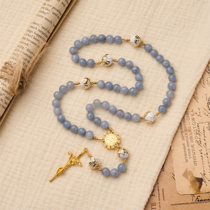 Christianartworkshop Aquamarine & White Howlite Rosary: Golden Filigree Details with St. Benedict for Serene Faith - image 2