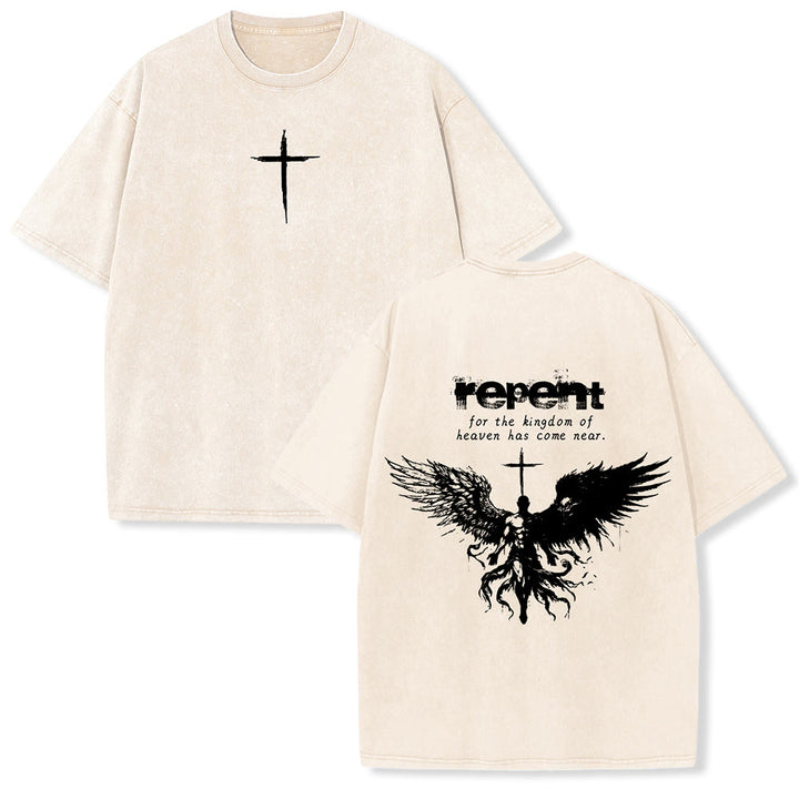Christianartworkshop Repent For The Kingdom Of Heaven Unisex Washed T-Shirt - Beige - 5XL - image 15
