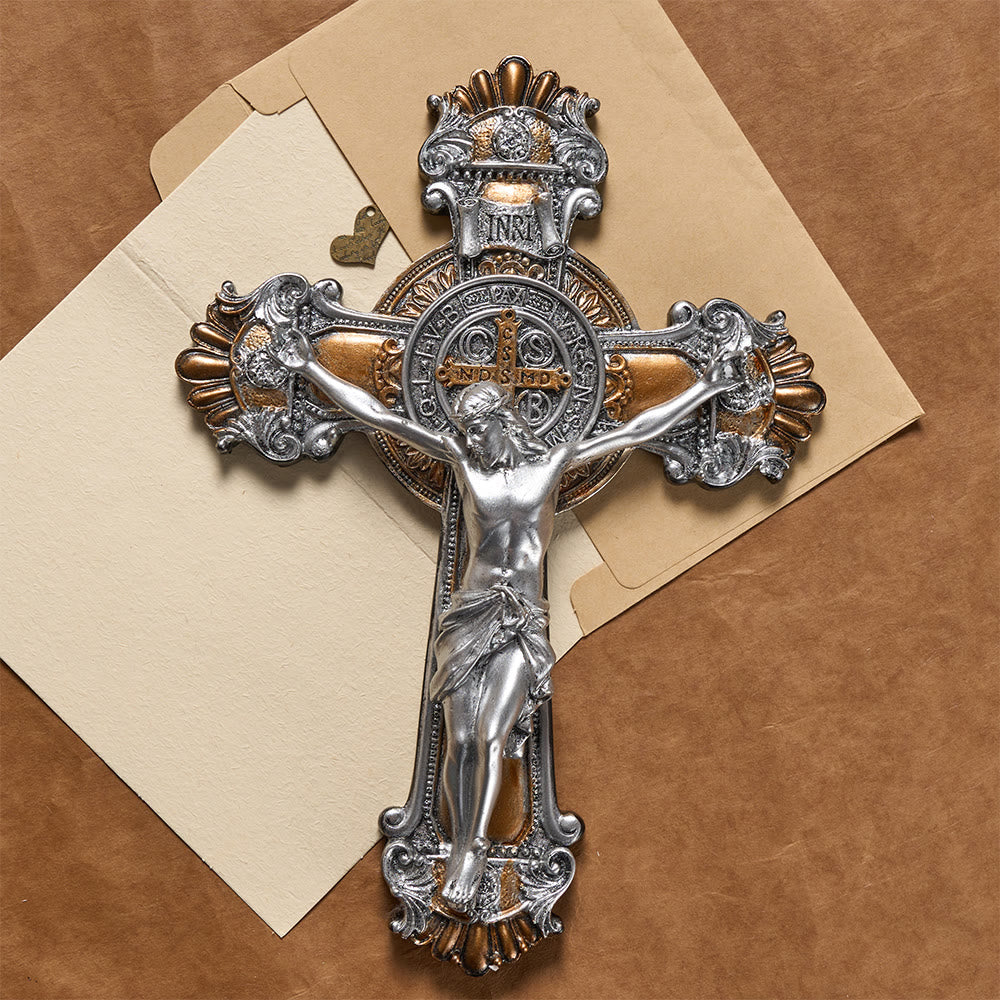 Christianartworkshop Vintage Silver & Gold Tone Crucifix Wall Hanging with INRI Inscription: A Reminder of Divine Sacrifice - image 1
