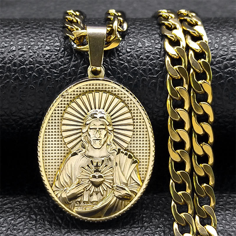 Christianartworkshop Stainless Steel Sacred Heart Jesus Necklace with Cuban Link Chain: A Reminder of Devotion - Jesus & Sacred Heart - image 0