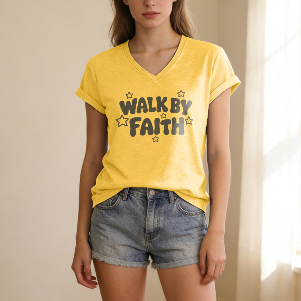 Christianartworkshop Walk By Faith Star Print Casual V-neck T-shirt - image 3