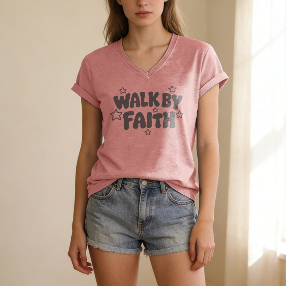 Christianartworkshop Walk By Faith Star Print Casual V-neck T-shirt - image 11