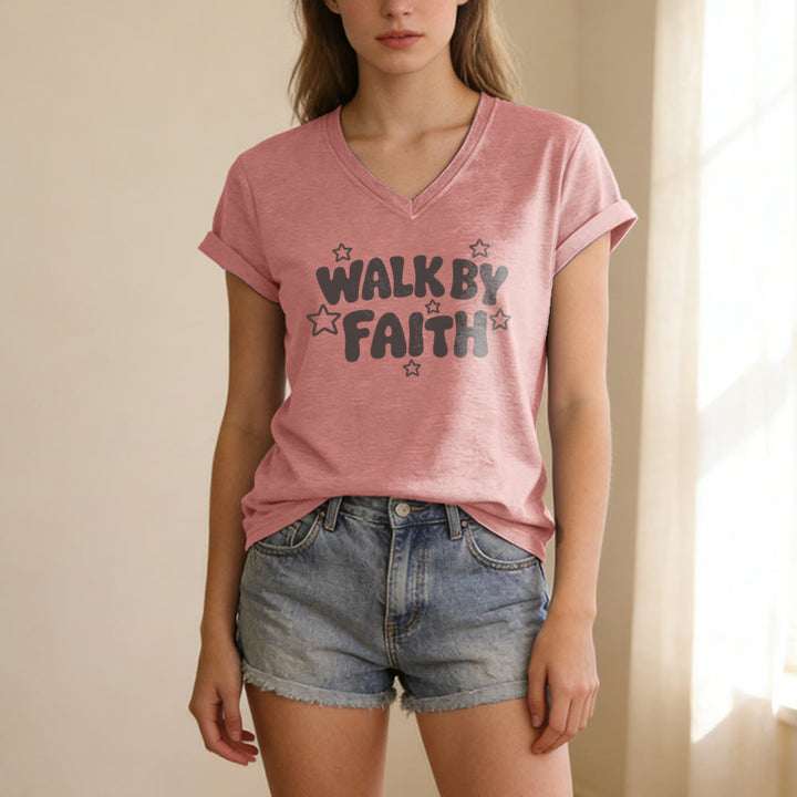 Christianartworkshop Walk By Faith Star Print Casual V-neck T-shirt - image 11
