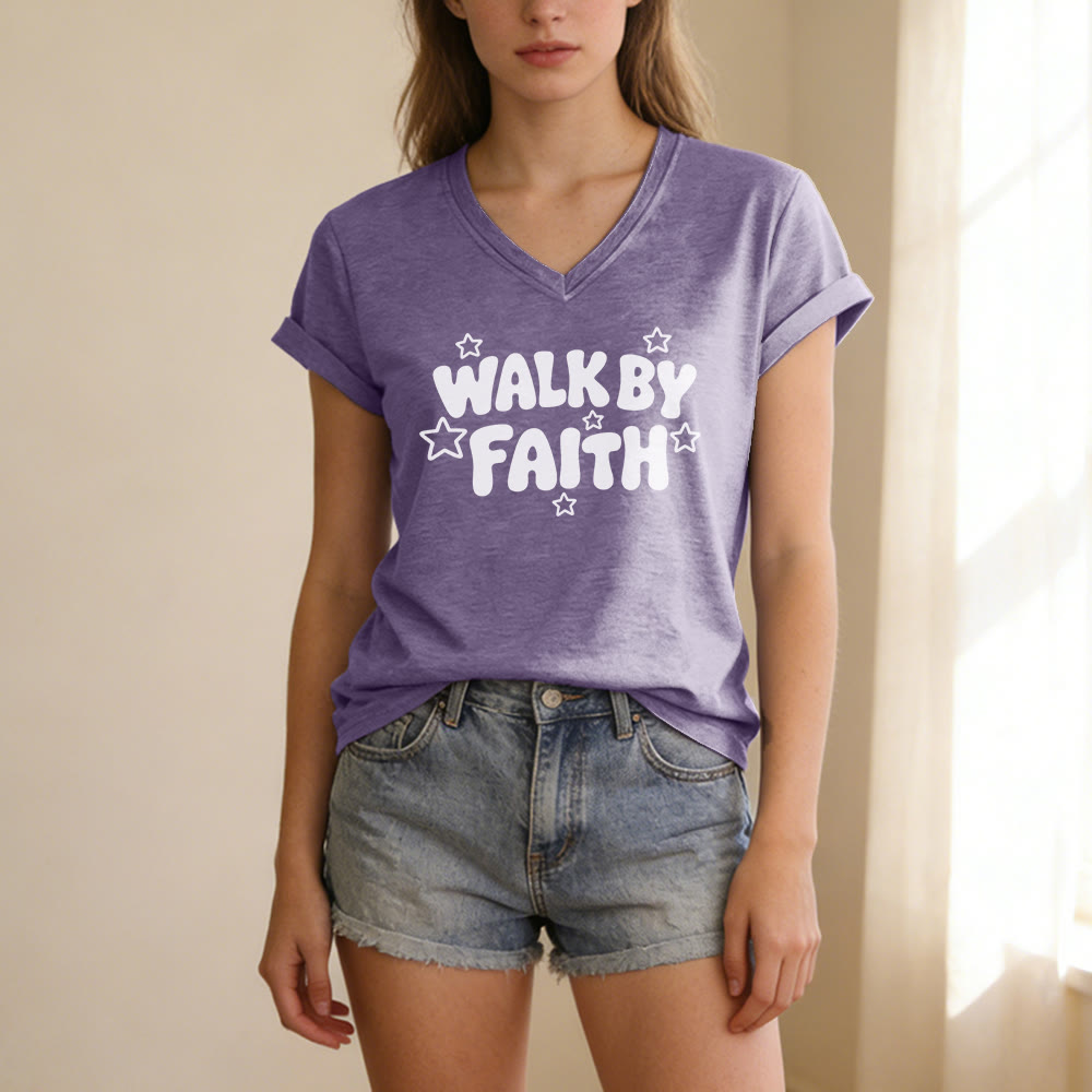 Christianartworkshop Walk By Faith Star Print Casual V-neck T-shirt - image 17