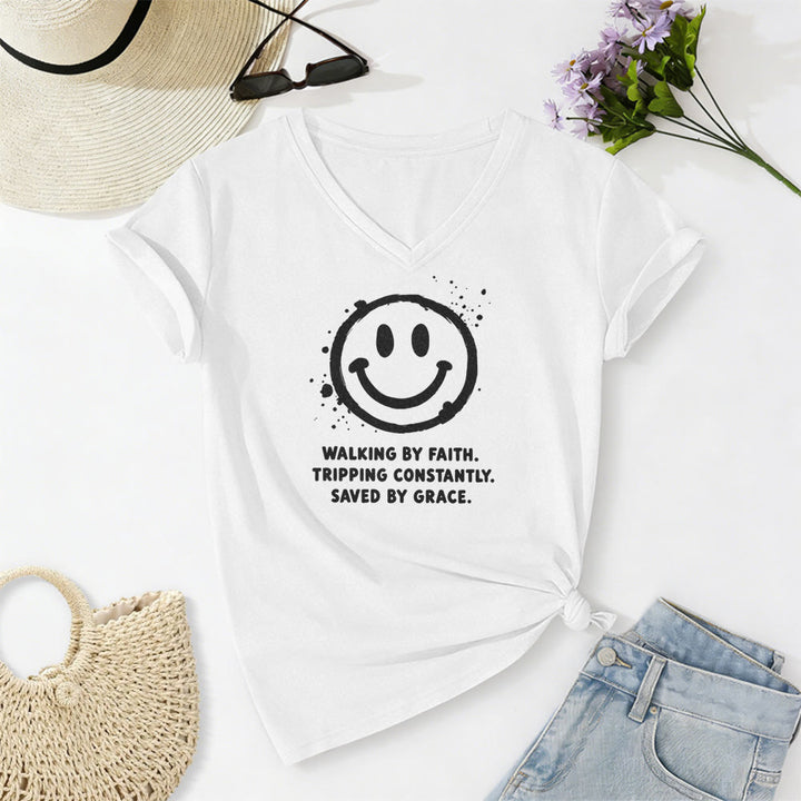 Christianartworkshop Walking By Faith Smiley Print Casual V-neck T-shirt - White - 2XL - image 8