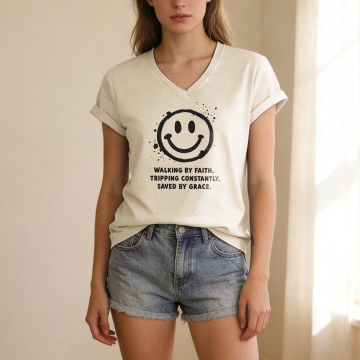 Christianartworkshop Walking By Faith Smiley Print Casual V-neck T-shirt - image 3