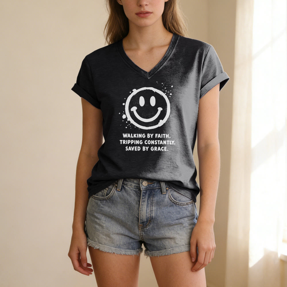 Christianartworkshop Walking By Faith Smiley Print Casual V-neck T-shirt - image 15