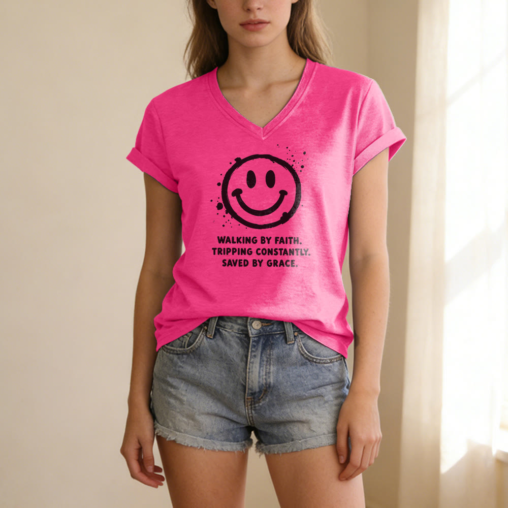 Christianartworkshop Walking By Faith Smiley Print Casual V-neck T-shirt - image 25