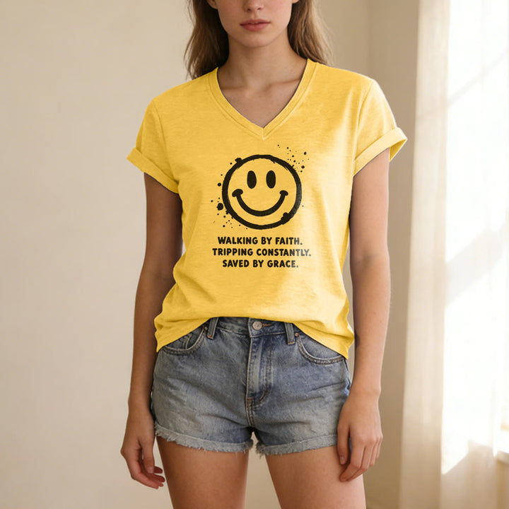 Christianartworkshop Walking By Faith Smiley Print Casual V-neck T-shirt - image 5
