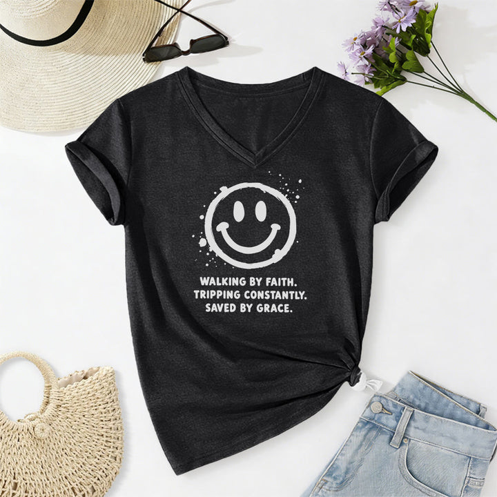 Christianartworkshop Walking By Faith Smiley Print Casual V-neck T-shirt - Black - 2XL - image 14