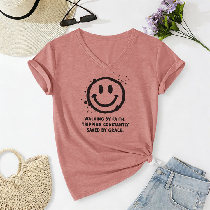 Christianartworkshop Walking By Faith Smiley Print Casual V-neck T-shirt - Light Pink - 2XL - image 12
