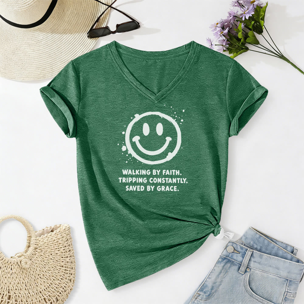 Christianartworkshop Walking By Faith Smiley Print Casual V-neck T-shirt - Dark Green - 2XL - image 16