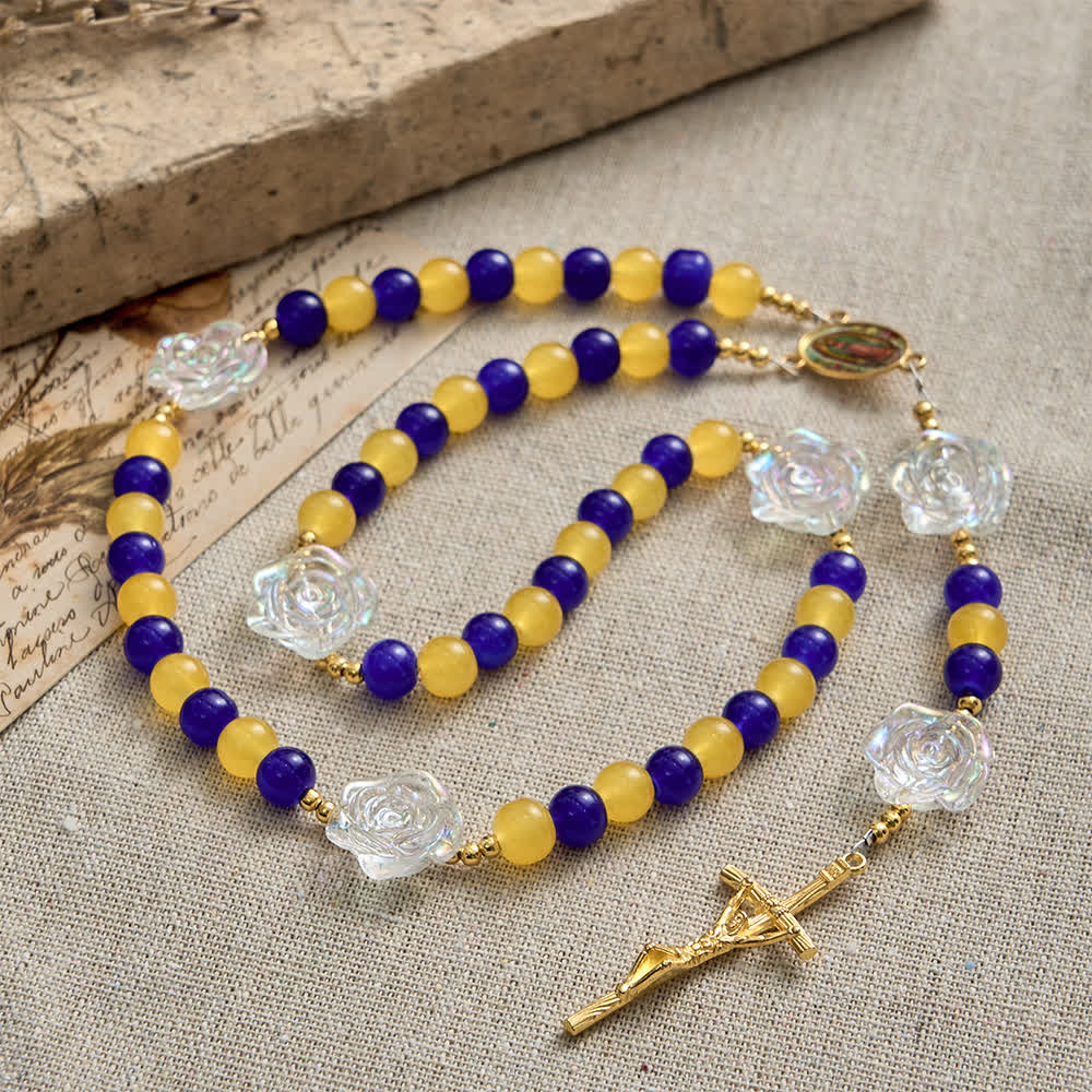 Christianartworkshop Blue & Yellow Guadalupe Rosary: Iridescent Rose Beads with Golden Crucifix - image 4