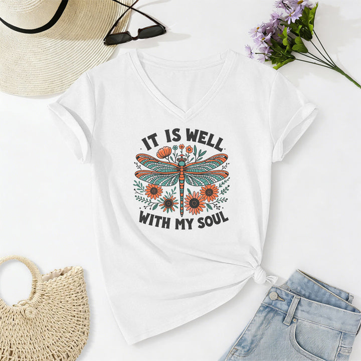 Christianartworkshop It Is Well With My Soul Dragonfly Floral Print Casual V-neck T-shirt - White - 2XL - image 8
