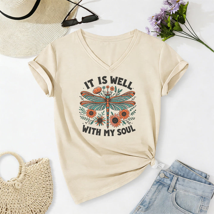 Christianartworkshop It Is Well With My Soul Dragonfly Floral Print Casual V-neck T-shirt - Beige - 2XL - image 2
