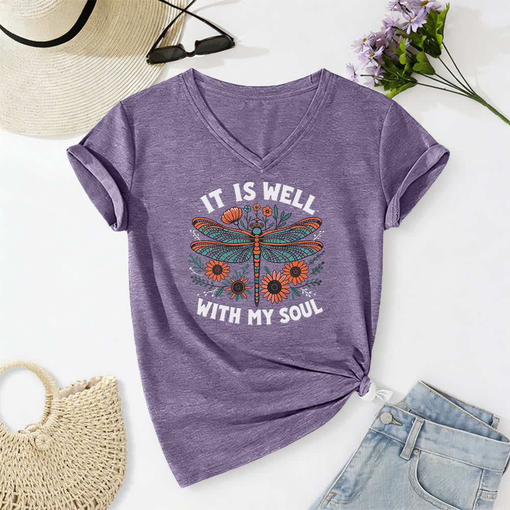 Christianartworkshop It Is Well With My Soul Dragonfly Floral Print Casual V-neck T-shirt - Purple - 2XL - image 16