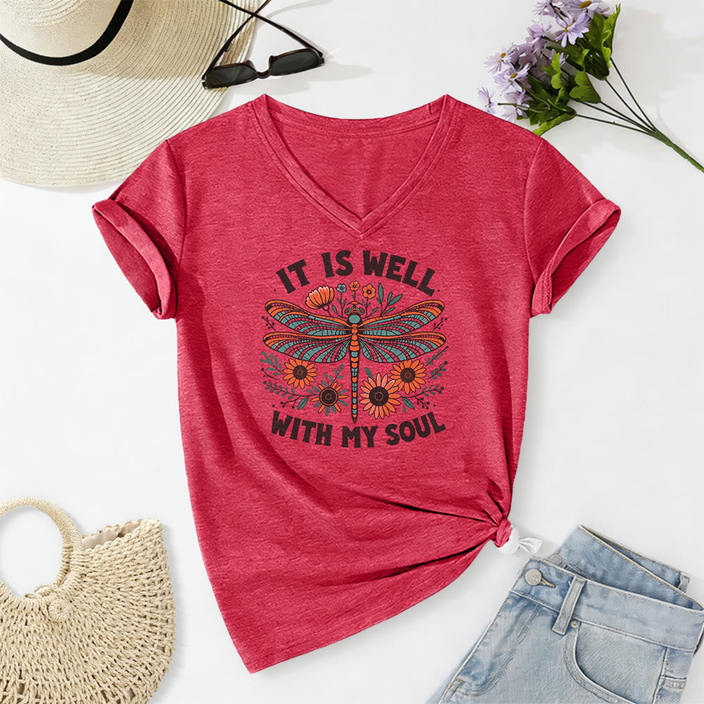 Christianartworkshop It Is Well With My Soul Dragonfly Floral Print Casual V-neck T-shirt - Red - 2XL - image 22