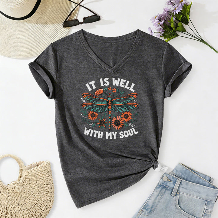 Christianartworkshop It Is Well With My Soul Dragonfly Floral Print Casual V-neck T-shirt - Dark Grey - 2XL - image 20