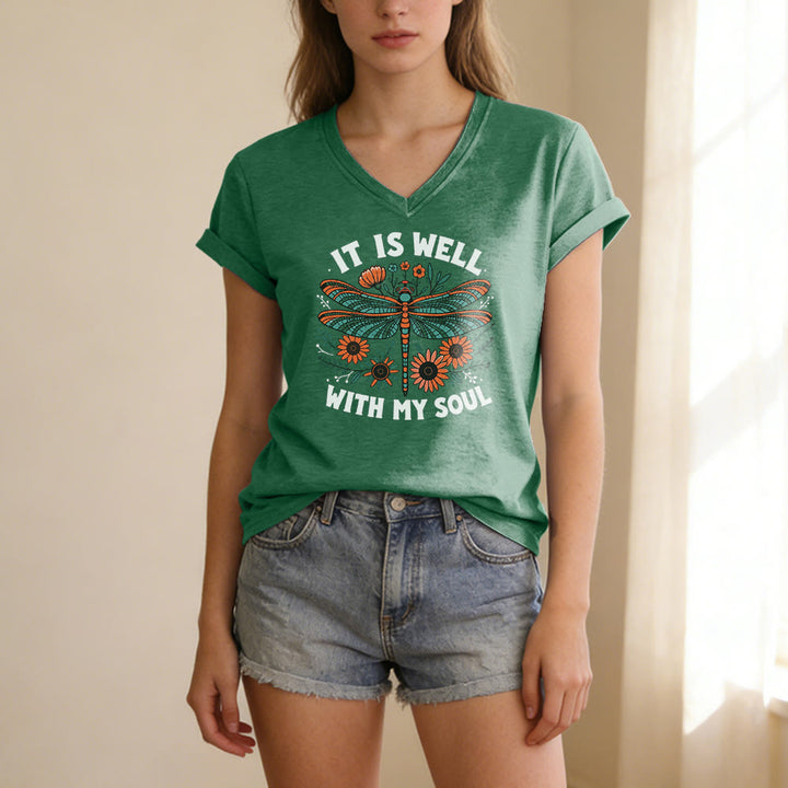 Christianartworkshop It Is Well With My Soul Dragonfly Floral Print Casual V-neck T-shirt - image 15
