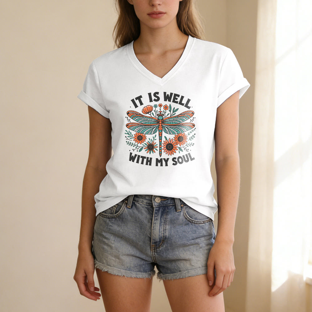 Christianartworkshop It Is Well With My Soul Dragonfly Floral Print Casual V-neck T-shirt - image 9