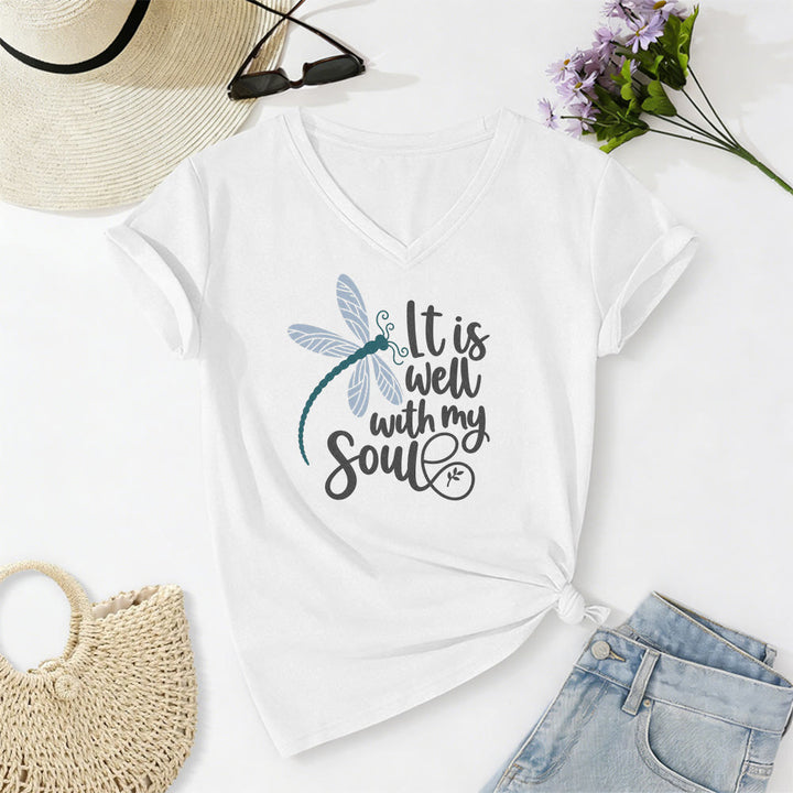 Christianartworkshop It Is Well With My Soul  Dragonfly Calligraphy Print Casual V-neck T-shirt - White - 2XL - image 6