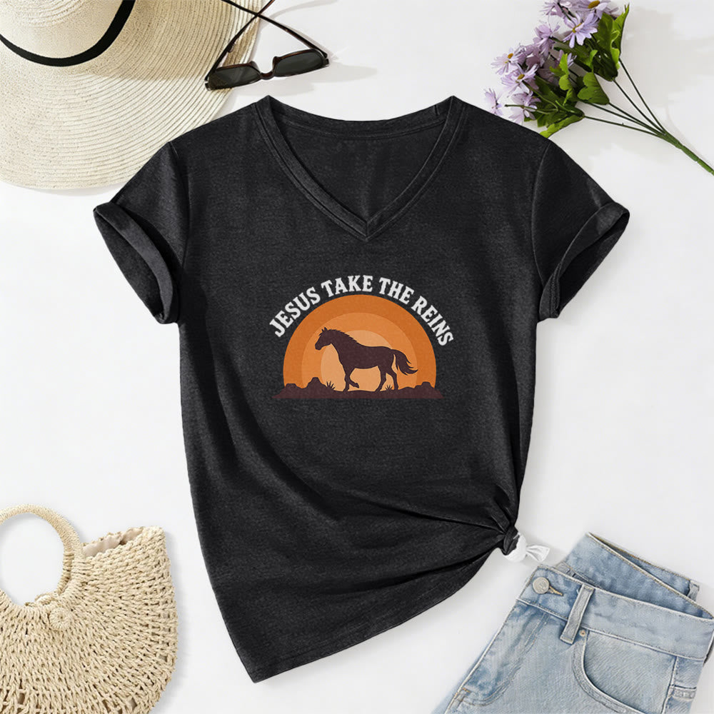 Christianartworkshop “Jesus Take The Reins” Horse Sunset Print Casual V-neck T-shirt - Black - 2XL - image 14