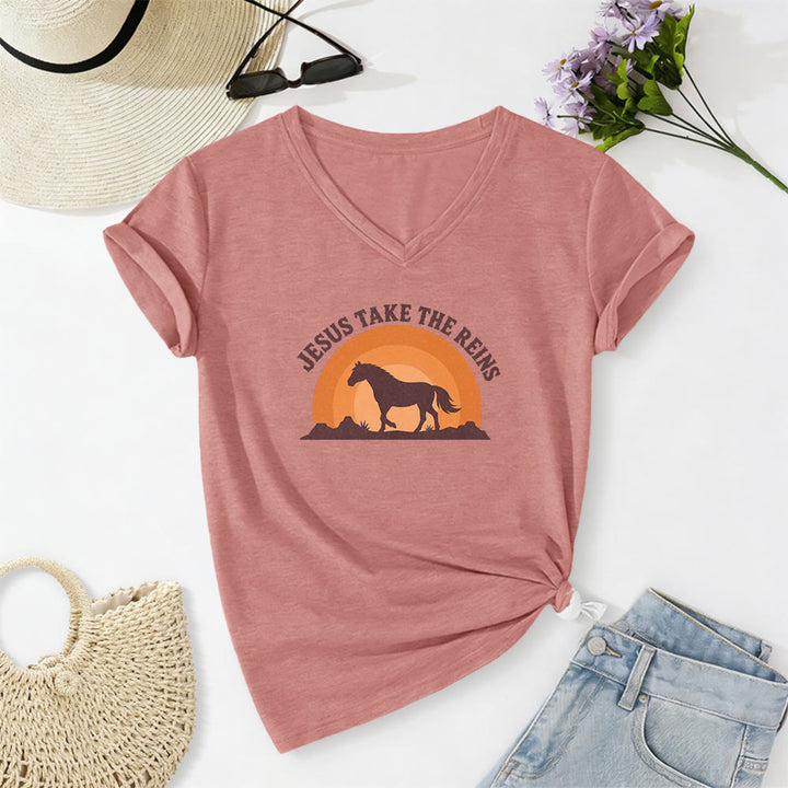 Christianartworkshop “Jesus Take The Reins” Horse Sunset Print Casual V-neck T-shirt - Light Pink - 2XL - image 12