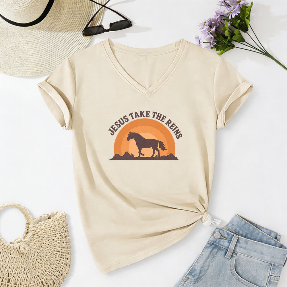 Christianartworkshop “Jesus Take The Reins” Horse Sunset Print Casual V-neck T-shirt - Beige - 2XL - image 2