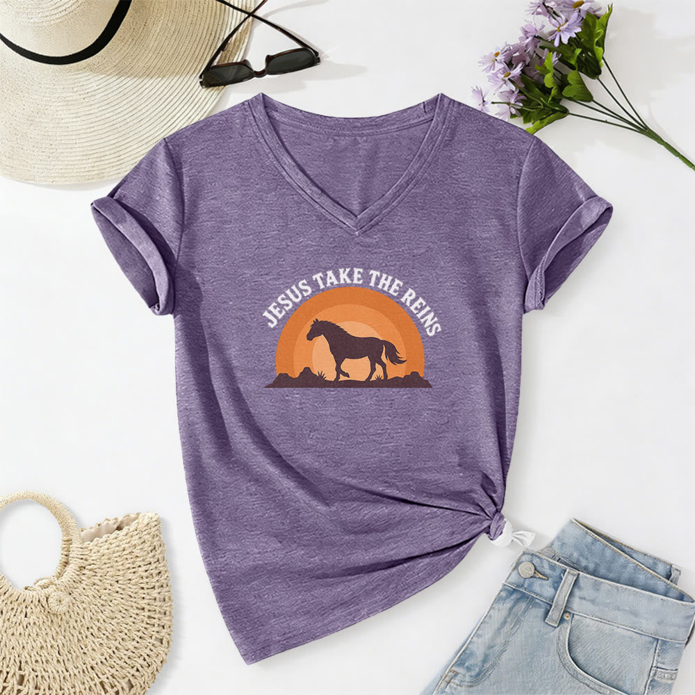 Christianartworkshop “Jesus Take The Reins” Horse Sunset Print Casual V-neck T-shirt - Purple - 2XL - image 18