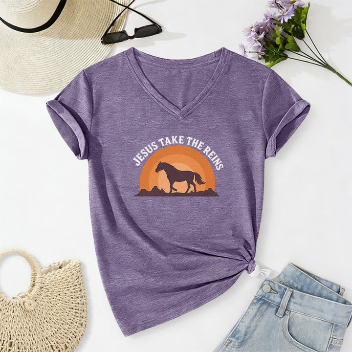 Christianartworkshop “Jesus Take The Reins” Horse Sunset Print Casual V-neck T-shirt - Purple - 2XL - image 18