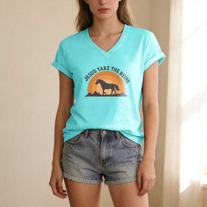Christianartworkshop “Jesus Take The Reins” Horse Sunset Print Casual V-neck T-shirt - image 11