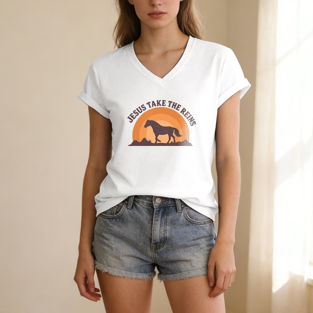 Christianartworkshop “Jesus Take The Reins” Horse Sunset Print Casual V-neck T-shirt - image 9