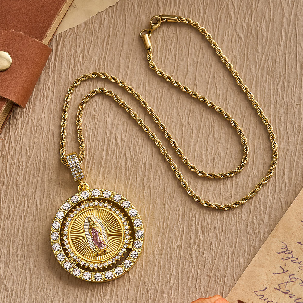Christianartworkshop Rotating Our Lady of Guadalupe Medallion Necklace with Double Zircon Halo: A Reminder of Divine Grace - image 8
