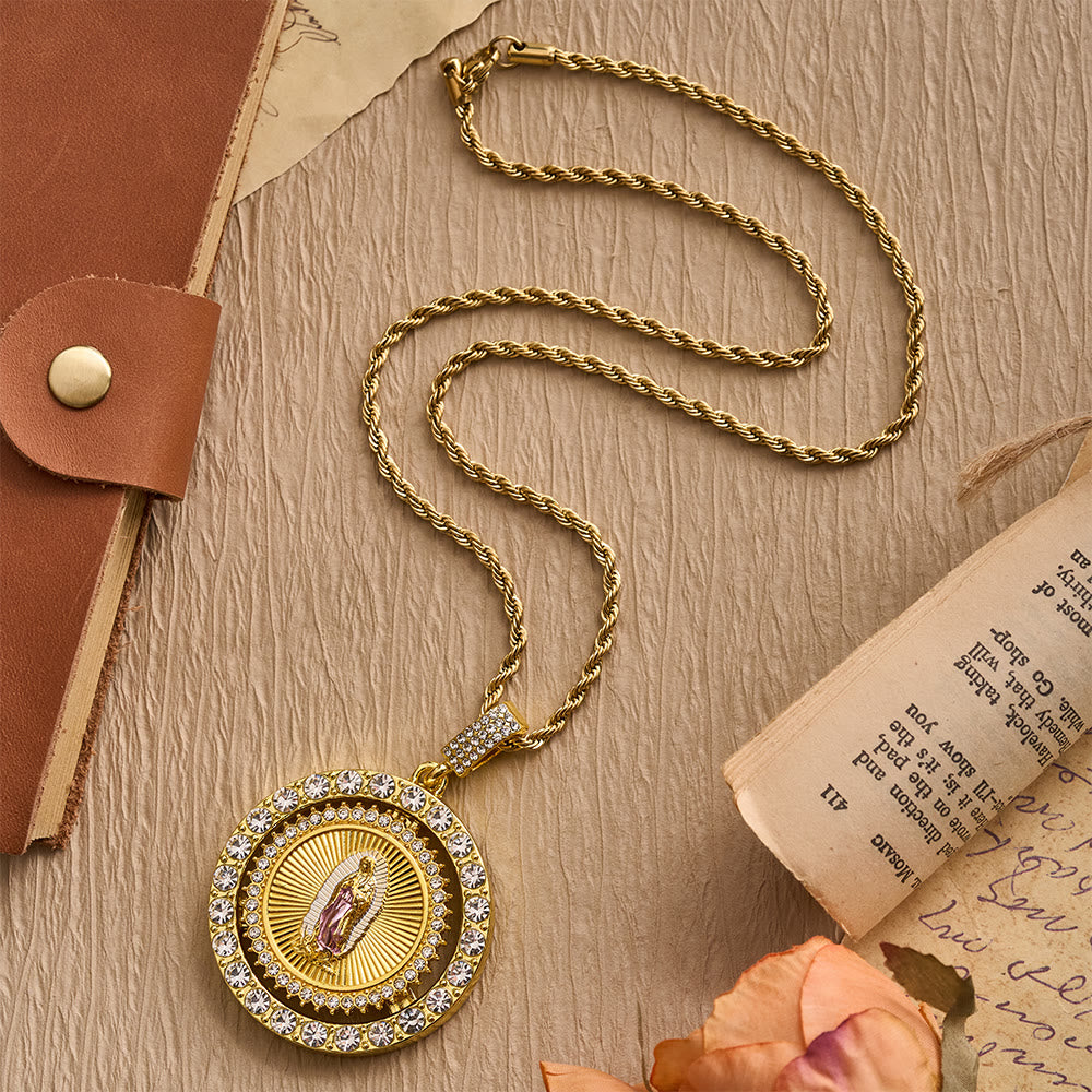 Christianartworkshop Rotating Our Lady of Guadalupe Medallion Necklace with Double Zircon Halo: A Reminder of Divine Grace - image 7