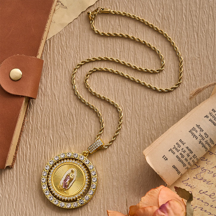 Christianartworkshop Rotating Our Lady of Guadalupe Medallion Necklace with Double Zircon Halo: A Reminder of Divine Grace - image 7