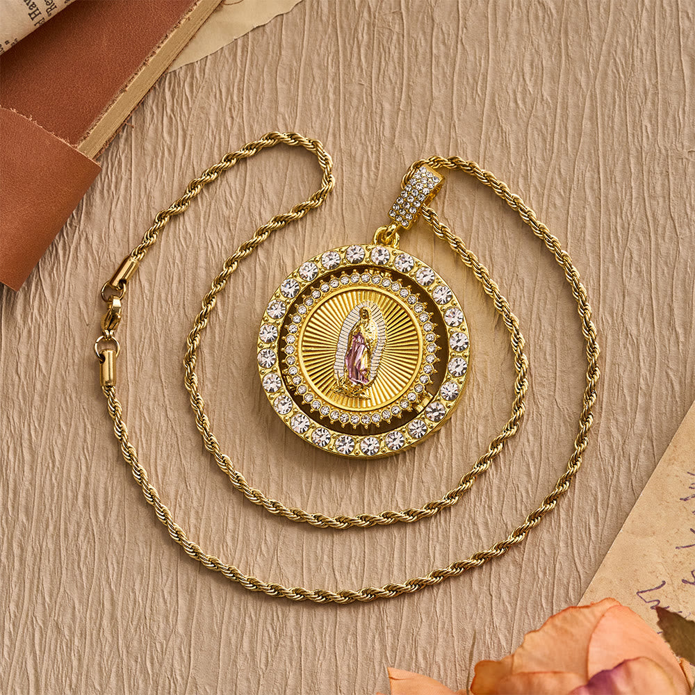 Christianartworkshop Rotating Our Lady of Guadalupe Medallion Necklace with Double Zircon Halo: A Reminder of Divine Grace - image 5