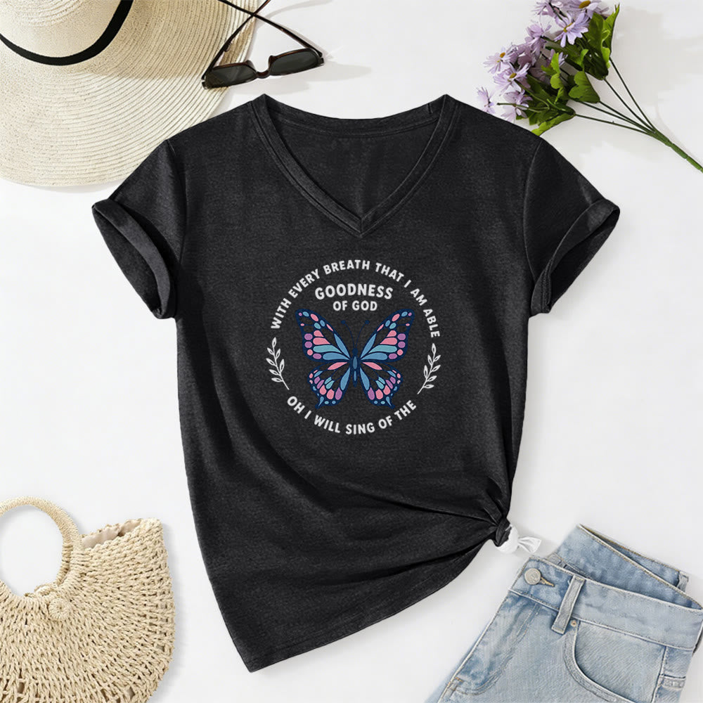 Christianartworkshop Sing of the Goodness of God Butterfly Print Casual V-neck T-shirt - Black - 2XL - image 14