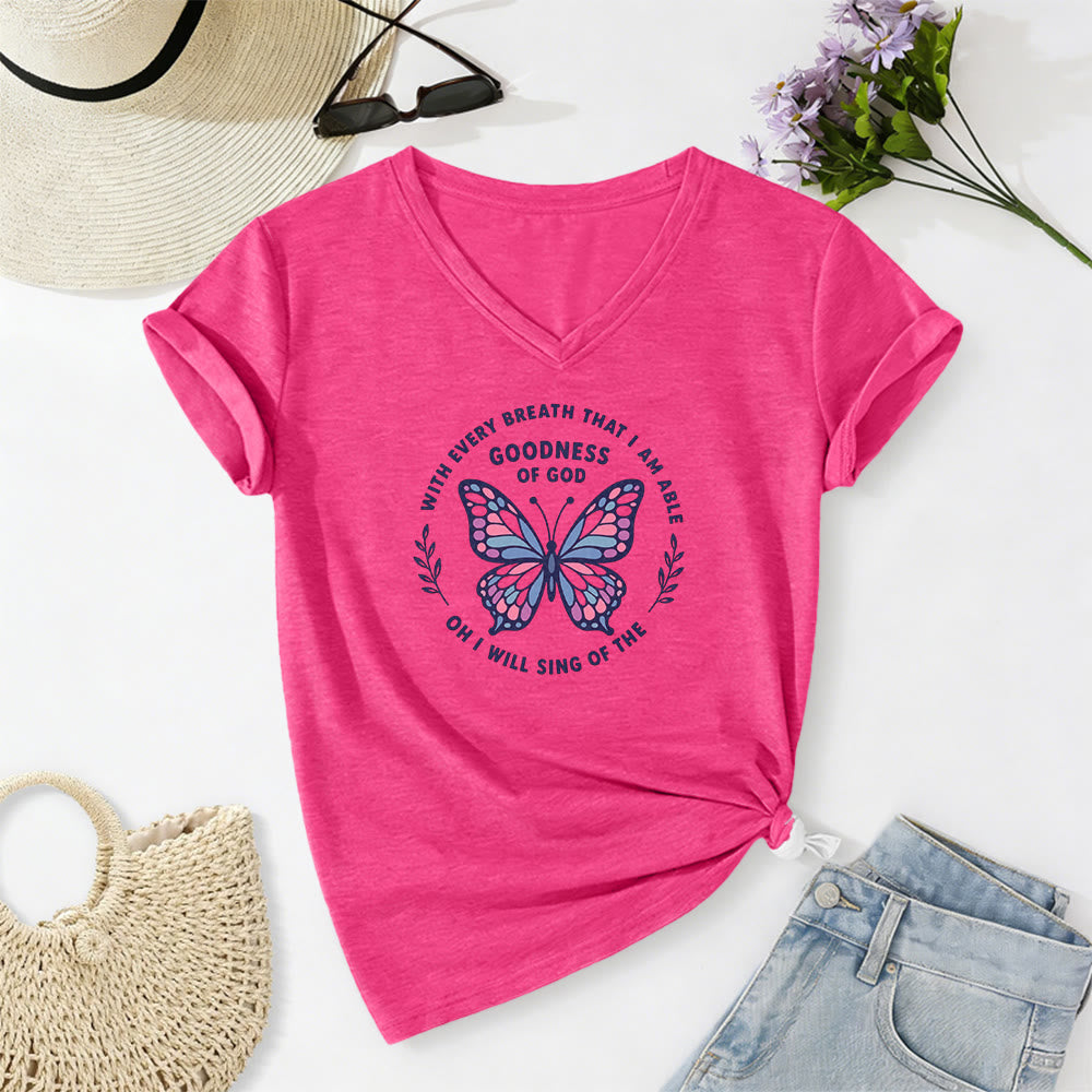 Christianartworkshop Sing of the Goodness of God Butterfly Print Casual V-neck T-shirt - Rose - 2XL - image 24