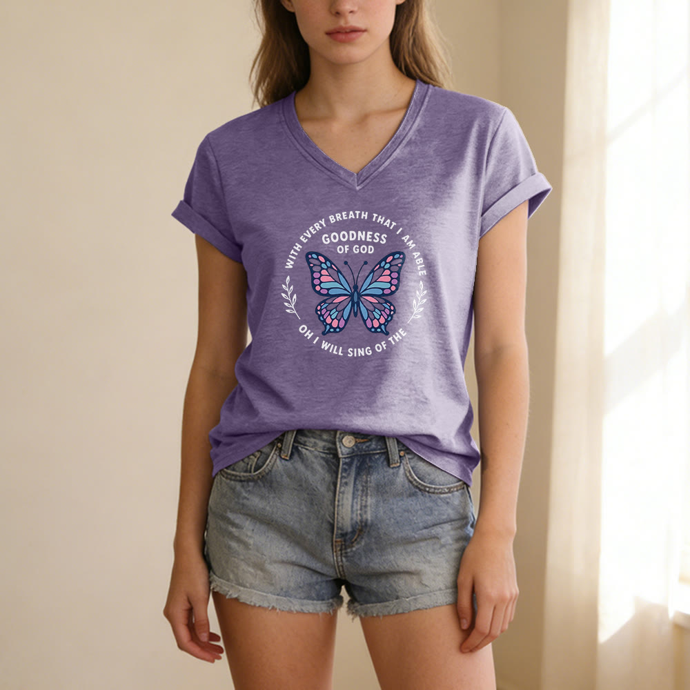 Christianartworkshop Sing of the Goodness of God Butterfly Print Casual V-neck T-shirt - image 1