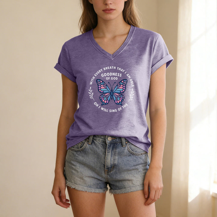 Christianartworkshop Sing of the Goodness of God Butterfly Print Casual V-neck T-shirt - image 1